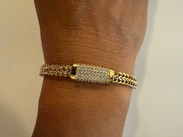 Gold Magnetic Closure Bracelet – Woven Mesh Chain with CZ Accent